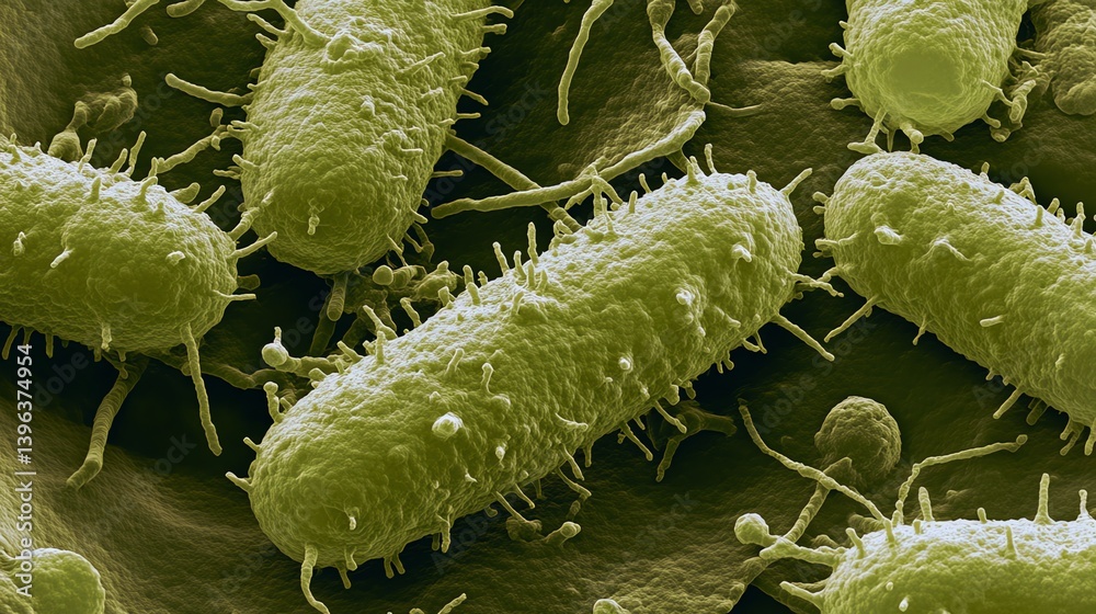 Fototapeta premium Studying Bacteria Cells Close Up Under Microscope Shows Details and Texture