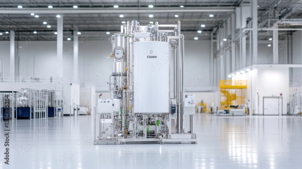 Industrial machinery operating in a spacious modern factory, showcasing advanced technology with clean and organized setting, and high ceilings and ample lighting.
