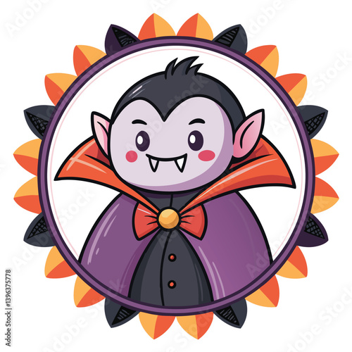 Design a bold, vector illustration of a cute vampire mochi character with striking, expressive features, using strong line art and vibrant color palettes.