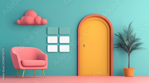 Pastel Pink Armchair and Yellow Arched Door in Minimalist Teal Room