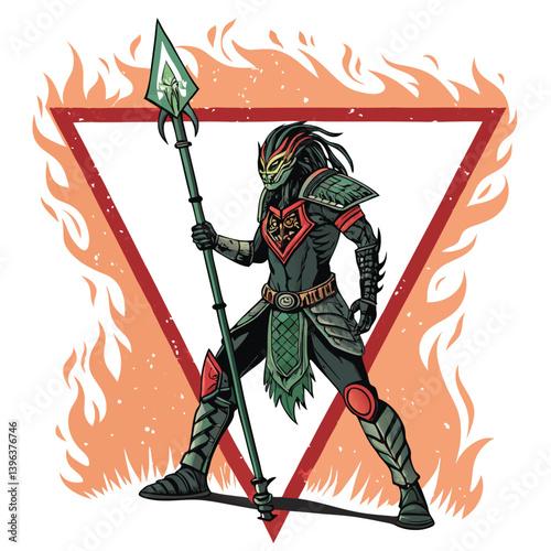 Design a bold, vector illustration of a powerful alien warrior, utilizing striking lines and strong contrasts.  Include tribal markings.