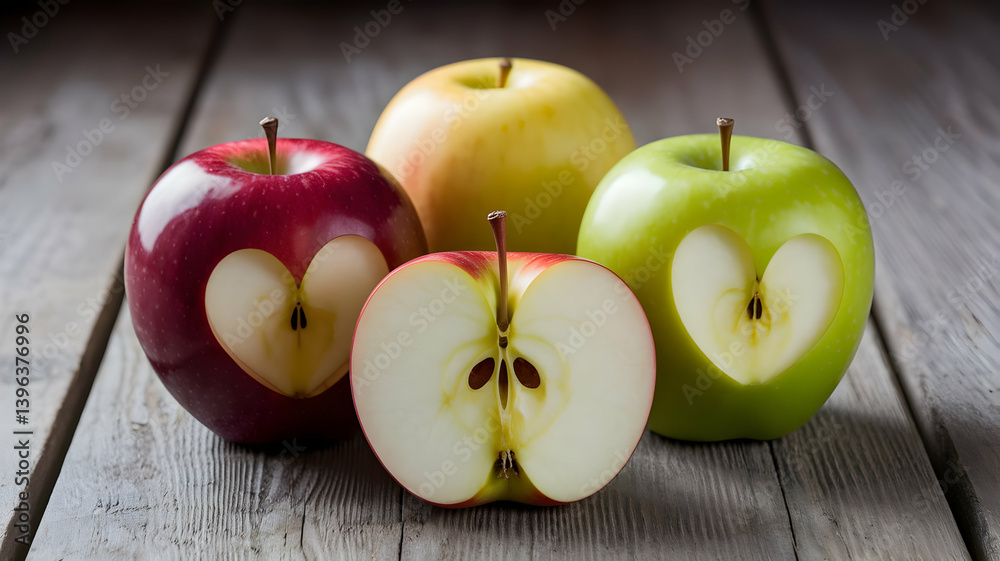 Fresh and Colorful Apples with Heart-Shaped Cutouts Symbolizing Love and Health in Rustic Setting Fresh and Colorful Apples with Heart-Shaped Cutouts Symbolizing Love and Health in Rustic Setting