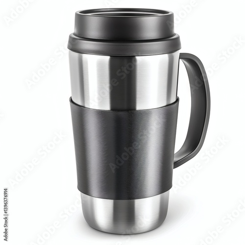 Metal insulated travel mug with silicone grip on white background