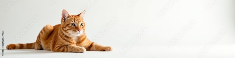 Adorable ginger tabby cat resting on plain white backdrop, whiskers, background Adorable ginger tabby cat resting on plain white backdrop, whiskers, background