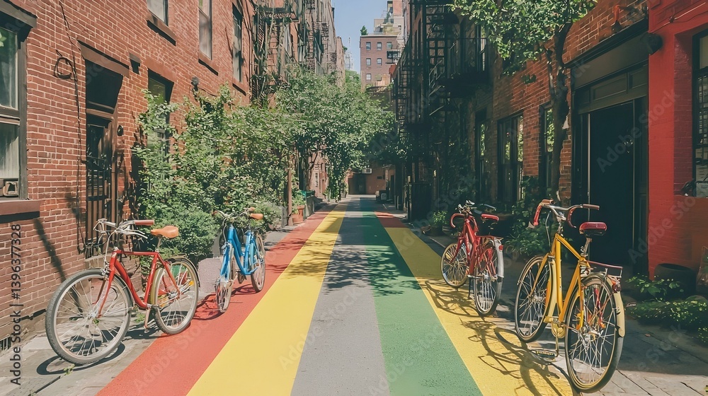 Fototapeta premium Colorful alleyway with parked bicycles. Rainbow-striped street.