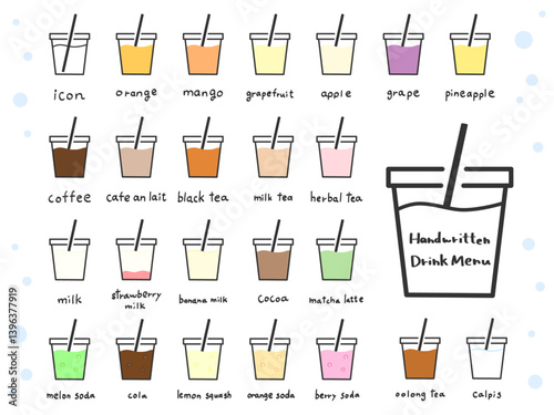 カラフルな飲み物の手描きアイコンセット