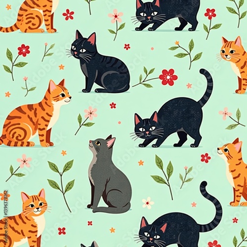 Adorable repeat design with charming cats and blooming flowers, playful, spring, whimsy