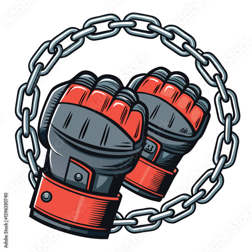 Design a vector illustration of clenched MMA gloves, emphasizing bold strokes and strong lines, showcasing raw power and aggression.