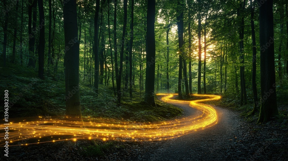Obraz premium Enchanted Forest Pathway with Glowing Light Trails at Sunset