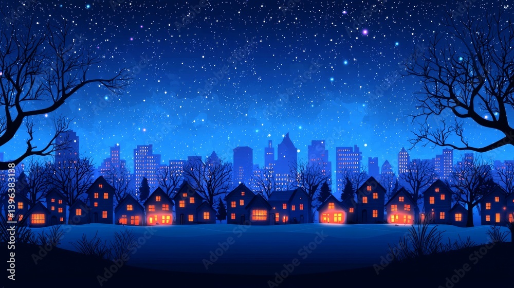 Fototapeta premium Nighttime City Skyline with Starry Sky and Cozy Houses Illuminated