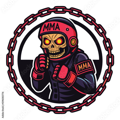 Create a vector illustration of a skull wearing MMA headgear and gloves, rendered in bold, thick strokes.  Style should be graphic and impactful.