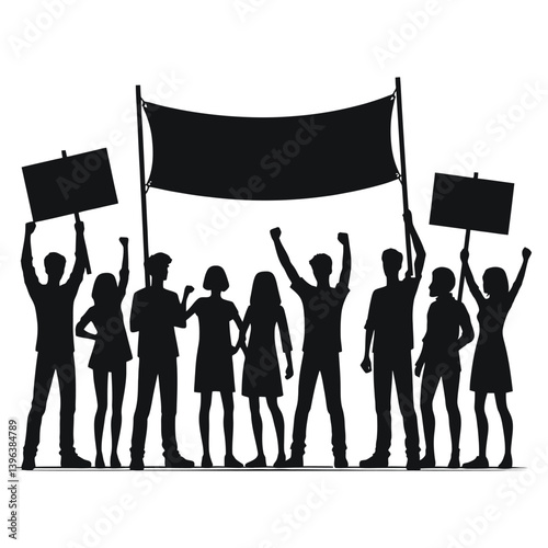 Protest Group Holding Banner Silhouette - Solidarity Clipart Isolated on White Background