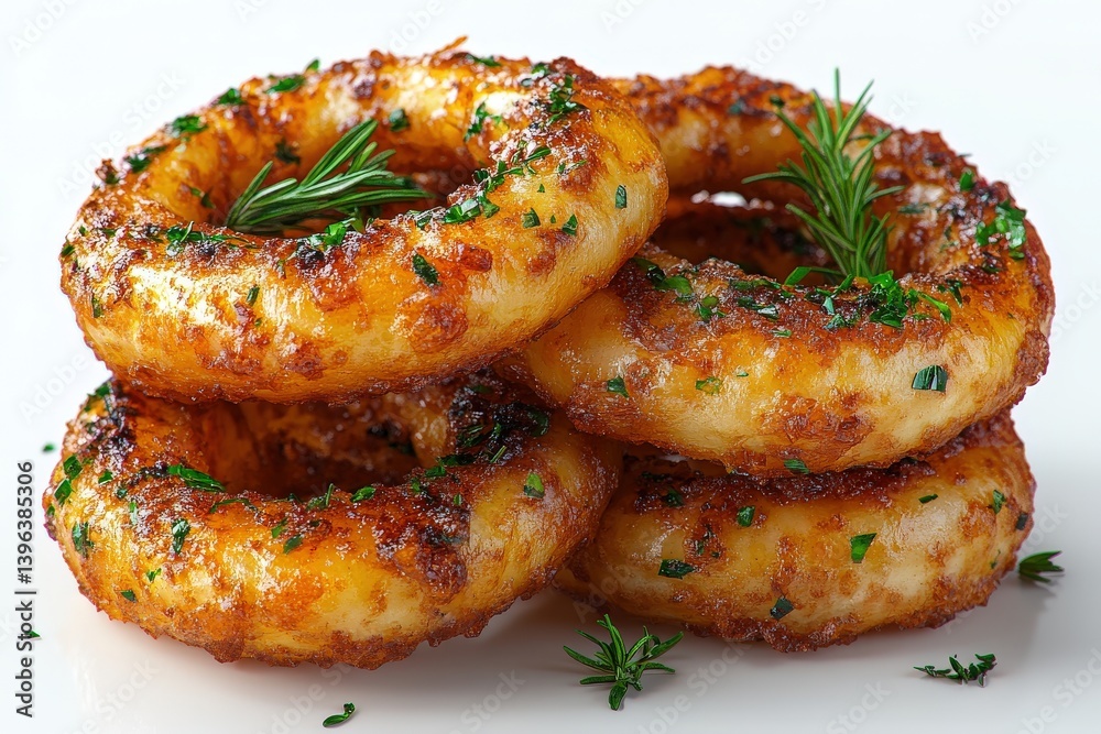 Crispy onion rings, golden brown, seasoned with herbs