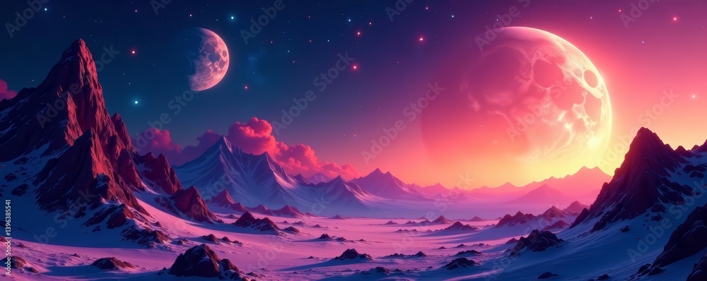 Obraz premium Alien landscape with two moons and colorful starry sky, futuristic, celestial