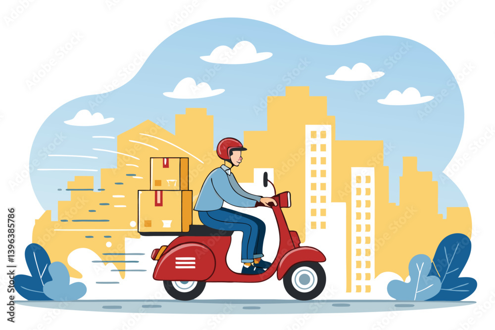 Create a vibrant 2D vector illustration background featuring a courier on a Rid-i delivery scooter. Focus on bold colors and clean lines. Create a vibrant 2D vector illustration background featuring a courier on a Rid-i delivery scooter. Focus on bold colors and clean lines.