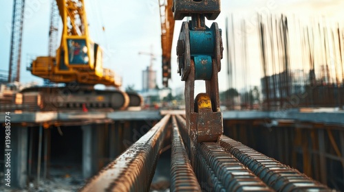 A crane operator maneuvering heavy equipment at a construction site. Featuring coordination and skill photo