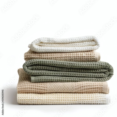 Stack of folded waffle towels in neutral tones on white background