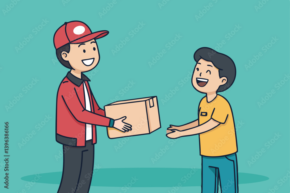 Create a 2D vector illustration of a friendly delivery man in action, against a detailed background, suitable for website or app use. Create a 2D vector illustration of a friendly delivery man in action, against a detailed background, suitable for website or app use.