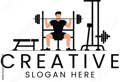 Fitness Gym Workout Man Weightlifting Power Strong icon logo body bench press   