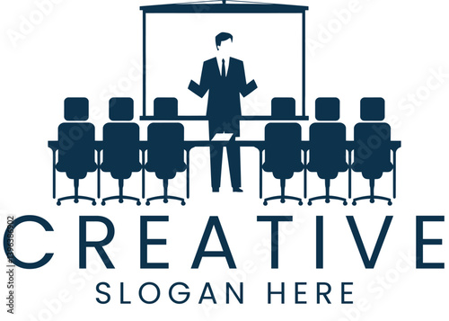 Business Meeting Presentation Team Conference Room man icon logo dark blue ideas