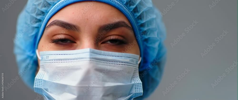 Anamorphic video of Closeup face and eyes hijab woman doctor or nurse wearing medical cap and face mask Anamorphic video of Closeup face and eyes hijab woman doctor or nurse wearing medical cap and face mask