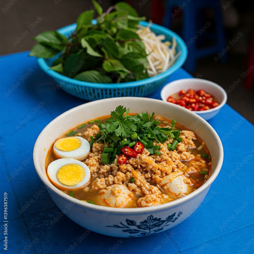 bowl of Vietnamese sup cua (crab soup) with quail eggs and herbs on a rustic blue plastic table bowl of Vietnamese sup cua (crab soup) with quail eggs and herbs on a rustic blue plastic table