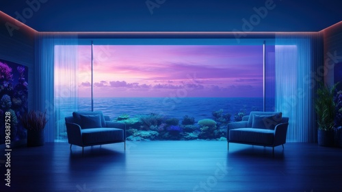 Serene Ocean View from Modern Living Room at Sunset Shoreline