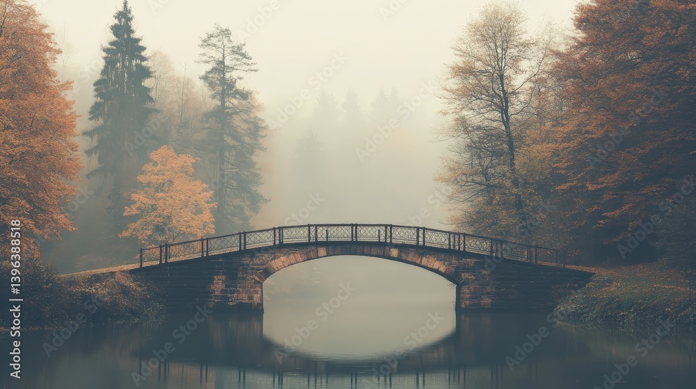 Fototapeta premium Exploring a serene traditional bridge misty forest landscape photography tranquil setting distant view nature's beauty