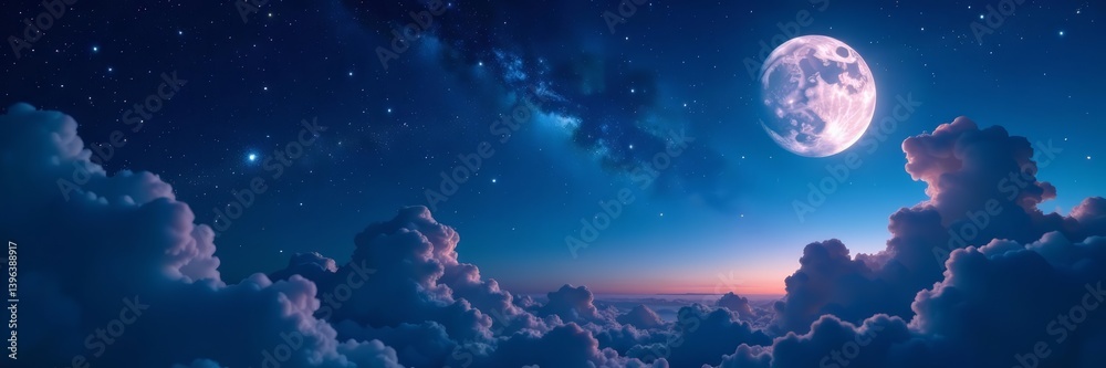 Fototapeta premium Dreamy night sky with glittering stars and moon, moon, galaxy