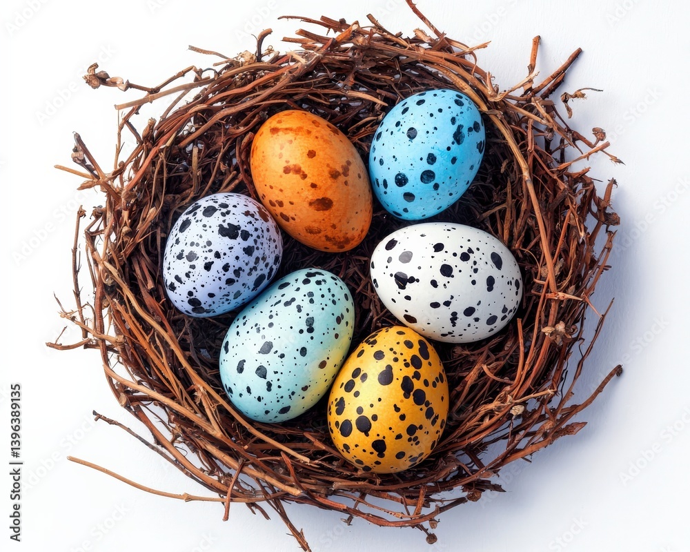 Fototapeta premium A delicate ink-wash painting of Easter eggs arranged in an ornate nest, Easter eggs, Ephemera, Greeting cards