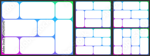 Grid template layout. Geometric shapes photo collage design. 4x3 bento moodboard background. Abstract poster montage board, Square circle box image gallery vector album. Rectangle banner slide page