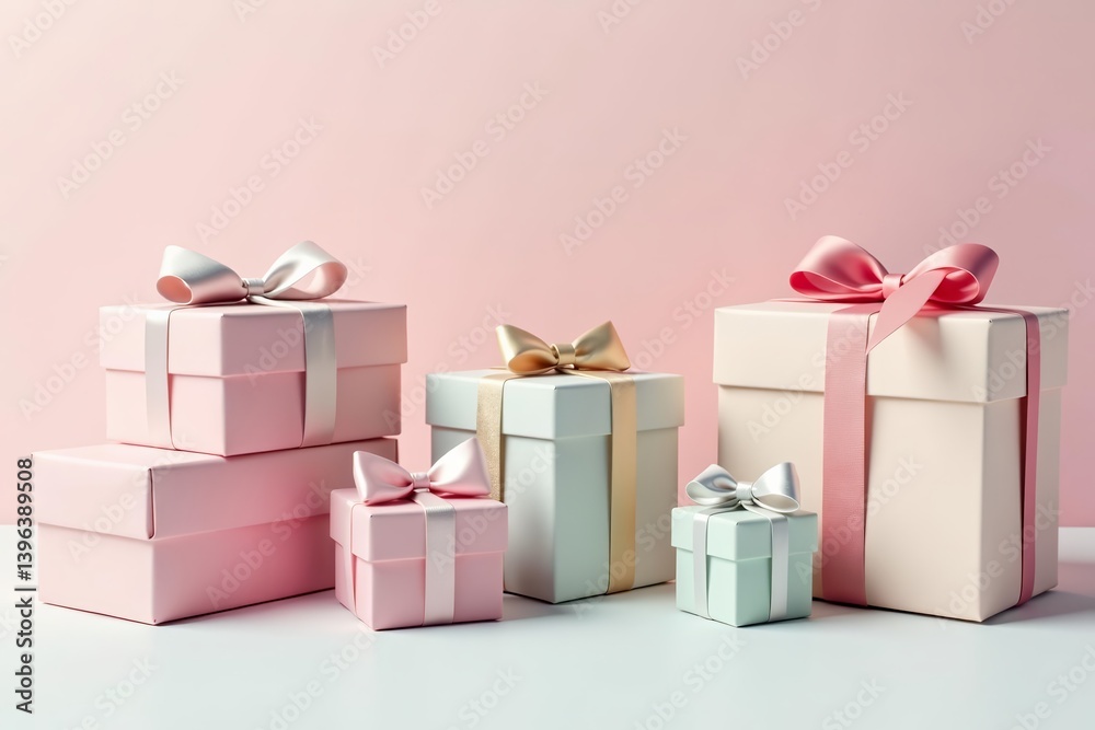 Obraz premium Assortment of pastel wrapped gift boxes on a clean white surface, baby shower, bow