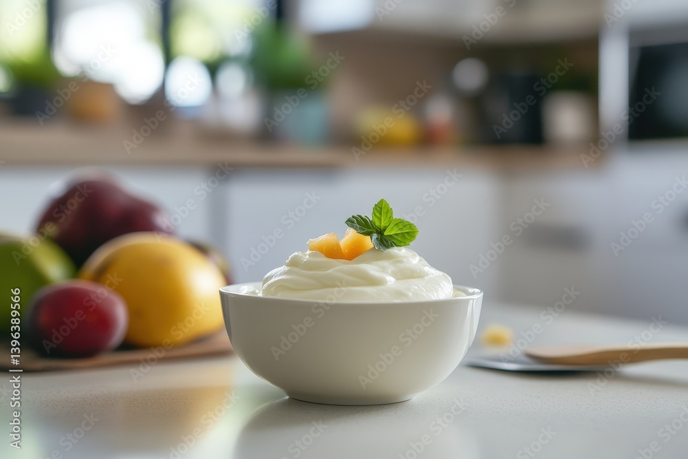 Creamy yogurt topped with cantaloupe and mint in a white bowl. Creamy yogurt topped with cantaloupe and mint in a white bowl.