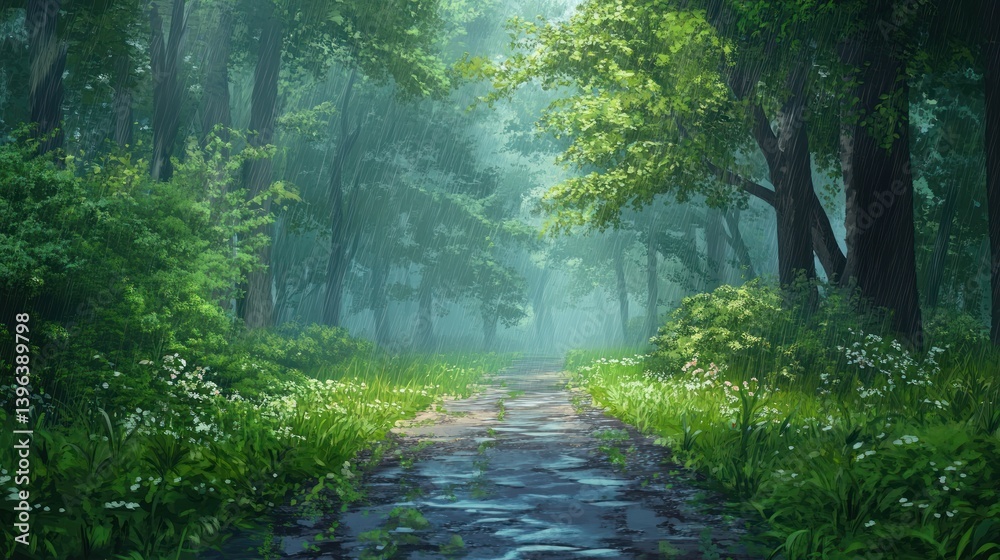 Fototapeta premium Rainy Day in Enchanting Forest Path