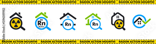 Radon Awareness Icon Set With Houses, Radiation Symbols, Magnifying Glasses, And Safety Checks For National Radon Action Month Campaigns. Vector Illustration