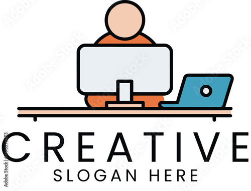 Creative Person Working on Desktop and Laptop art job icon logo flat team idea  