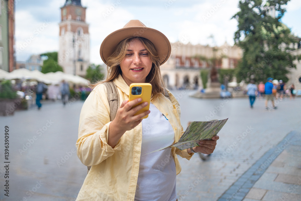 A smiling woman, wearing a yellow jacket and a hat, stands in a lively city square while looking at her phone. She is holding a map in her other hand, likely planning her next sightseeing spot.