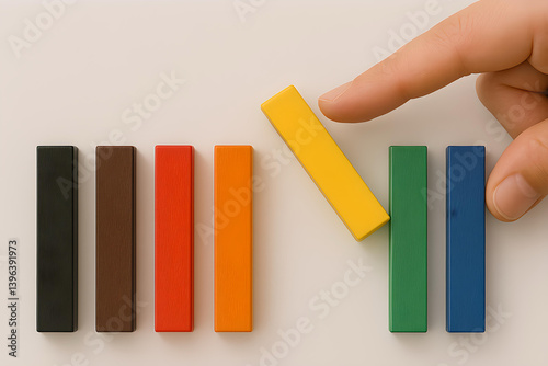 child OCD, OCD, obsessive compulsive disorder. A hand is about to push over a yellow block in a row of neatly aligned colorful blocks, symbolizing disruption or imbalance.