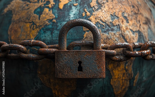 Heavy chains and rusty padlock on globe representing global security challenges, warm lighting intensifying the thoughtprovoking ambiance