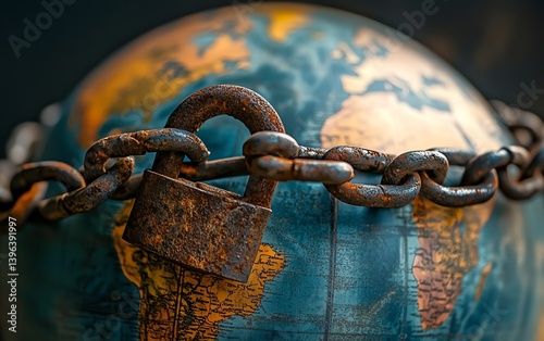 Heavy chains and rusty padlock on globe representing global security challenges, warm lighting intensifying the thoughtprovoking ambiance