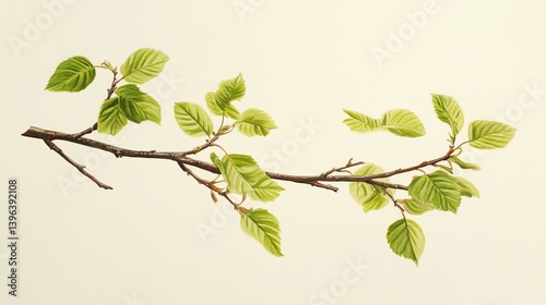 Botanical Illustration of Beech Tree Branch with Fresh Green Leaves
