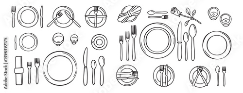 Table settings serving with plate, forks, spoons, knife. Table etiquette. doodle hand drawn icon set. Outline drawing line clipart symbol collection