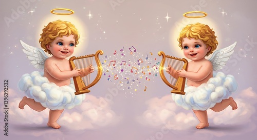 Angels Playing Harps with Musical Notes Connecting Them