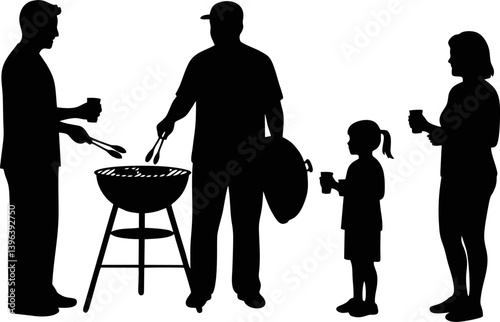 Vector silhouette of American family barbecuing together in backyard during summer – parents and children outdoor activity