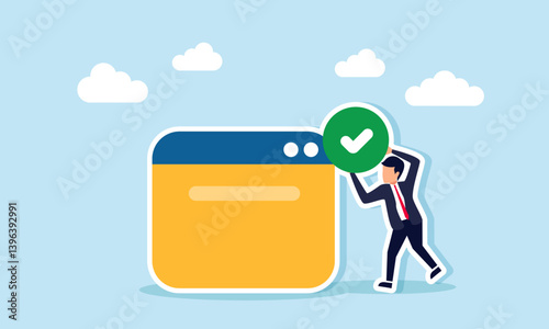 A businessman carrying a check mark sign next to an application platform interface, illustration of a verified business application platform