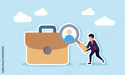 A businessman standing next to a briefcase holding a magnifying glass observing a person's profile, illustration of searching for new employee candidates for a specific position