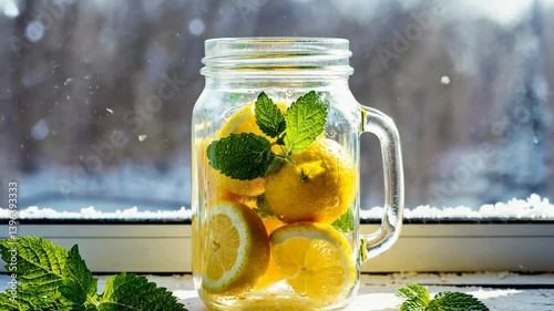 Fresh lemon and mint drink prepared in a jar on a winter afternoon near a sunny window