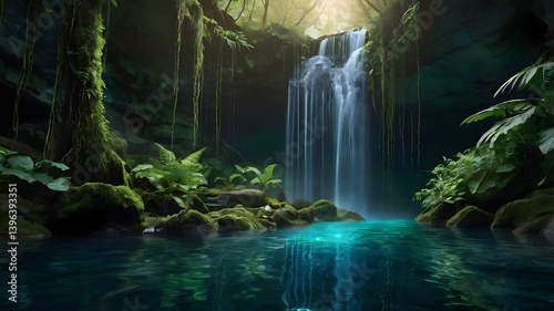 Obraz na płótnie Lush Jungle Waterfall Pool Tropical Paradise Nature Scene w salonie