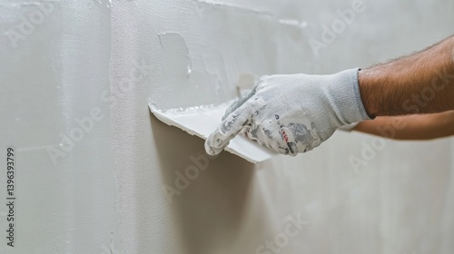 A drywall installer applying a final coat of joint compound. Featuring care and precision