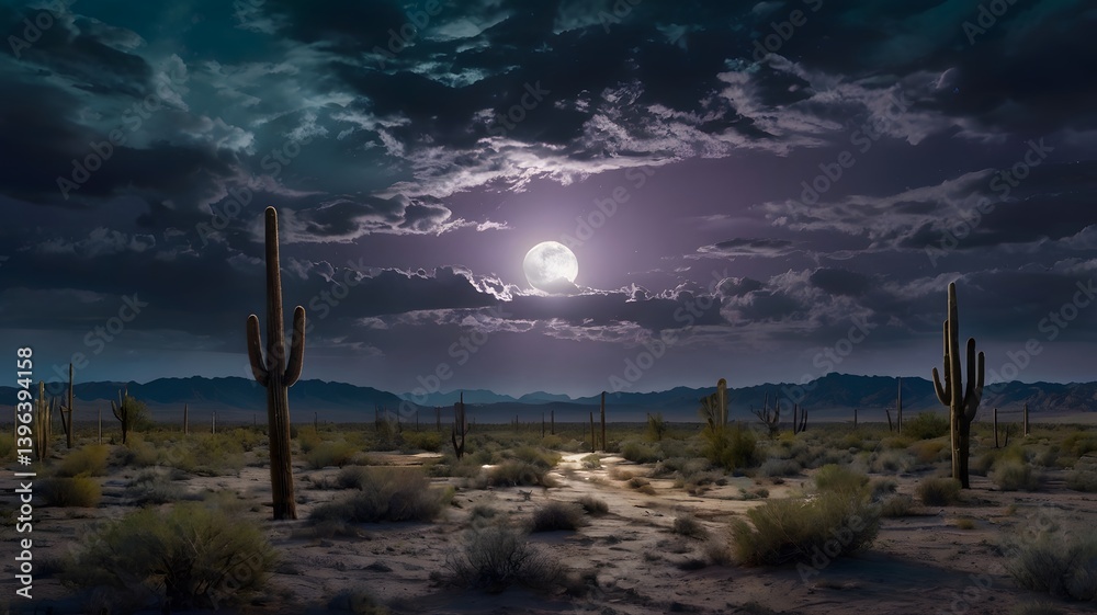 Desert Night Full Moon over Saguaro Cacti Landscape